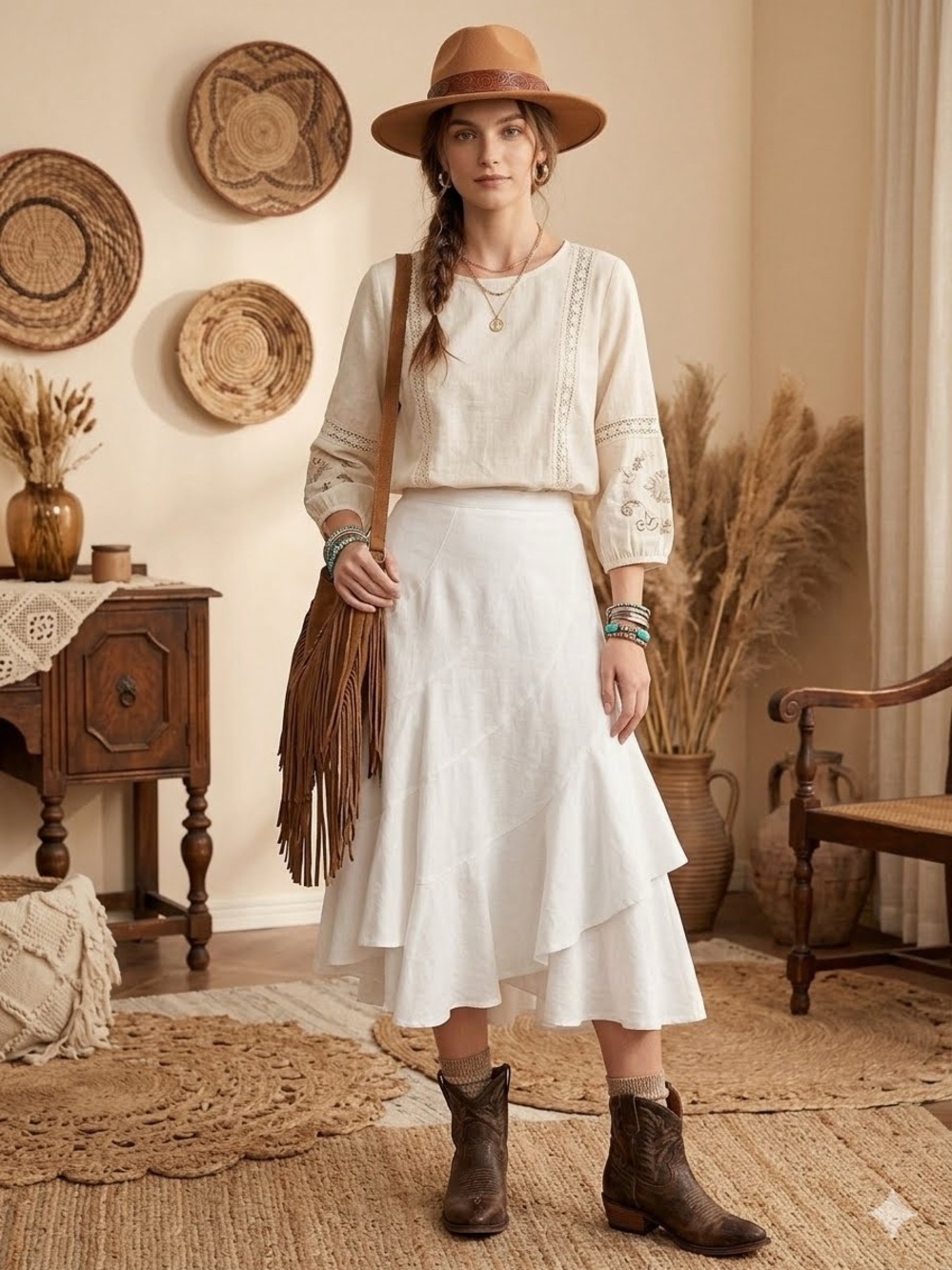 Special Purchase Women's Cream Tiered Midi Skirt - Boho Flounce
